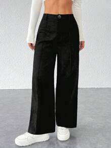 SHEIN PETITE Black Corduroy Women's Wide Leg Trousers - Black - View 5