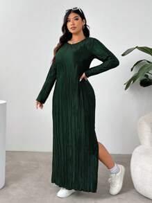SHEIN EZwear Plus Size Black Pleated Long Split Hem Dress