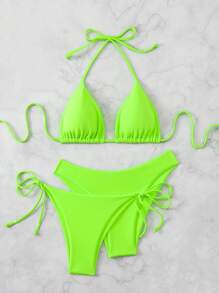 Swim Basics Women's Summer Beach Fluorescent Green Halter Neck Strap Sexy Bikini Set, 3pcs Green Bikini - Lime Green - View 3