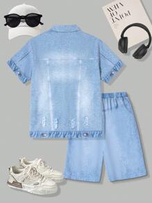 SHEIN Tween Boy Fashionable Shirt And Shorts Set - Blue - View 2