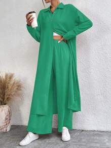 SHEIN LUNE Solid Single Breasted Batwing Sleeve Coat & Wide Leg Pants