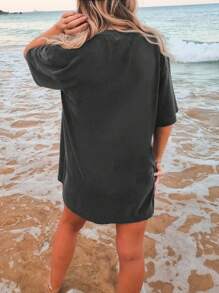 INAWLY 女士夏季花卉印花圆领落肩短袖宽松休闲 T 恤图案 T 恤女式上衣 - 深灰色 - 查看 2