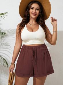 Dreamara Plus Knot Waist Roll Up Hem Shorts Spring Break Short Shorts - Red - View 3