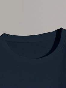 Men's Casual Short Sleeve Round Neck Plain T-Shirts, Simple & Fashionable For Everyday Wear, Spring & Summer Tee - Navy Blue - View 3