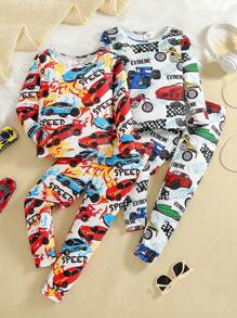 2pcs Young Boy Casual Flame Racing Car Graphic Knitted Sweatshirt & Pants Snug Fit Loungewear Set - Multicolor - View 1