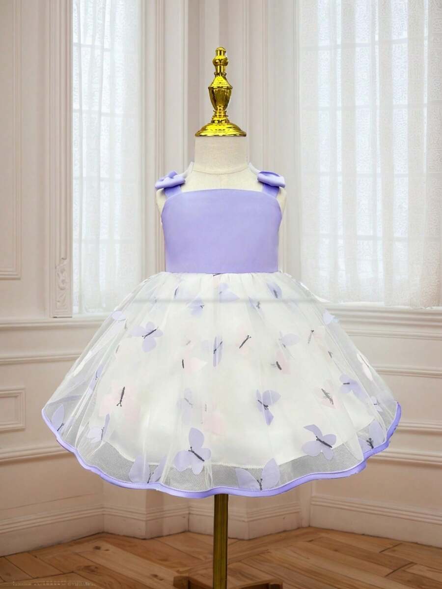 Baby Mädchen Geburtstagsfeier Prinzessin Kleid, lila Schmetterling Spitze lebhaftes Partykleid, doppelte Schulter handgemachte Schmetterling-Träger, süßes und liebenswertes retrospektives Hof-Prinzessinnenkleid für Geburtstagsfeier Familie Versammlung