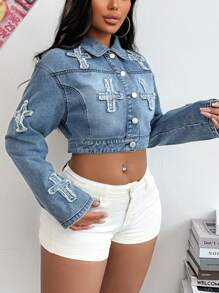 SHEIN SXY Áo khoác denim tay dài cổ cài nút phía trước cho nữ - Màu xanh lam - Xem 5