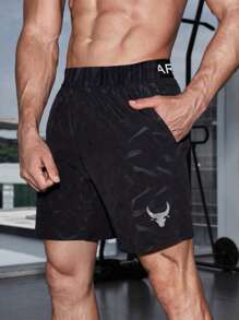Manfinity Running Pantaloncini sportivi da uomo con vita stretta, stile boyfriend, con tasche e stampa di lettere