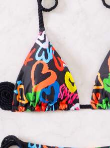 SHEIN Swim Women's Summer Beach Heart Printed Lace-Up Triangle Bikini Set - Multicolor - View 5