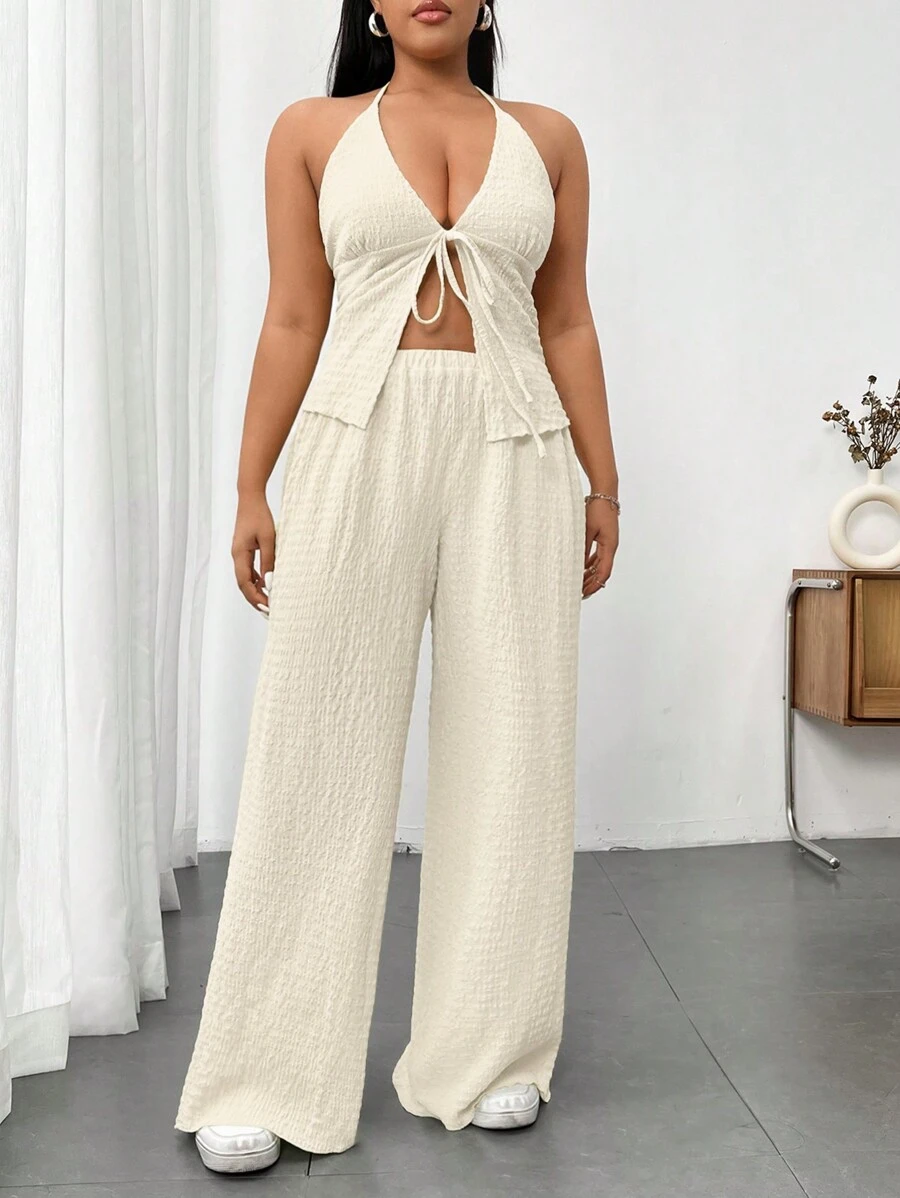 Maweii Plus Size Solid Color Texture Spaghetti Strap Top And Pants Set