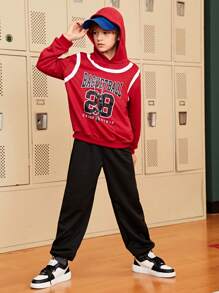 SHEIN 2pcs/Set Teen Boys' Casual Hoodie And Sweatpants Outfit, Printed Basketball Design - Red - View 6
