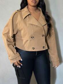 SHEIN SXY Plus Size Women's Double-Breasted Windproof Short Coat With Button Decorations - Khaki - View 5