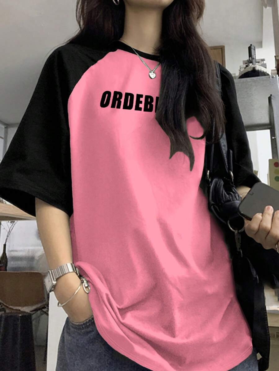 Camiseta casual de verano con mangas raglán, bloque de color y estampado de letras para mujer, color rosa - Rosa - Ver 1