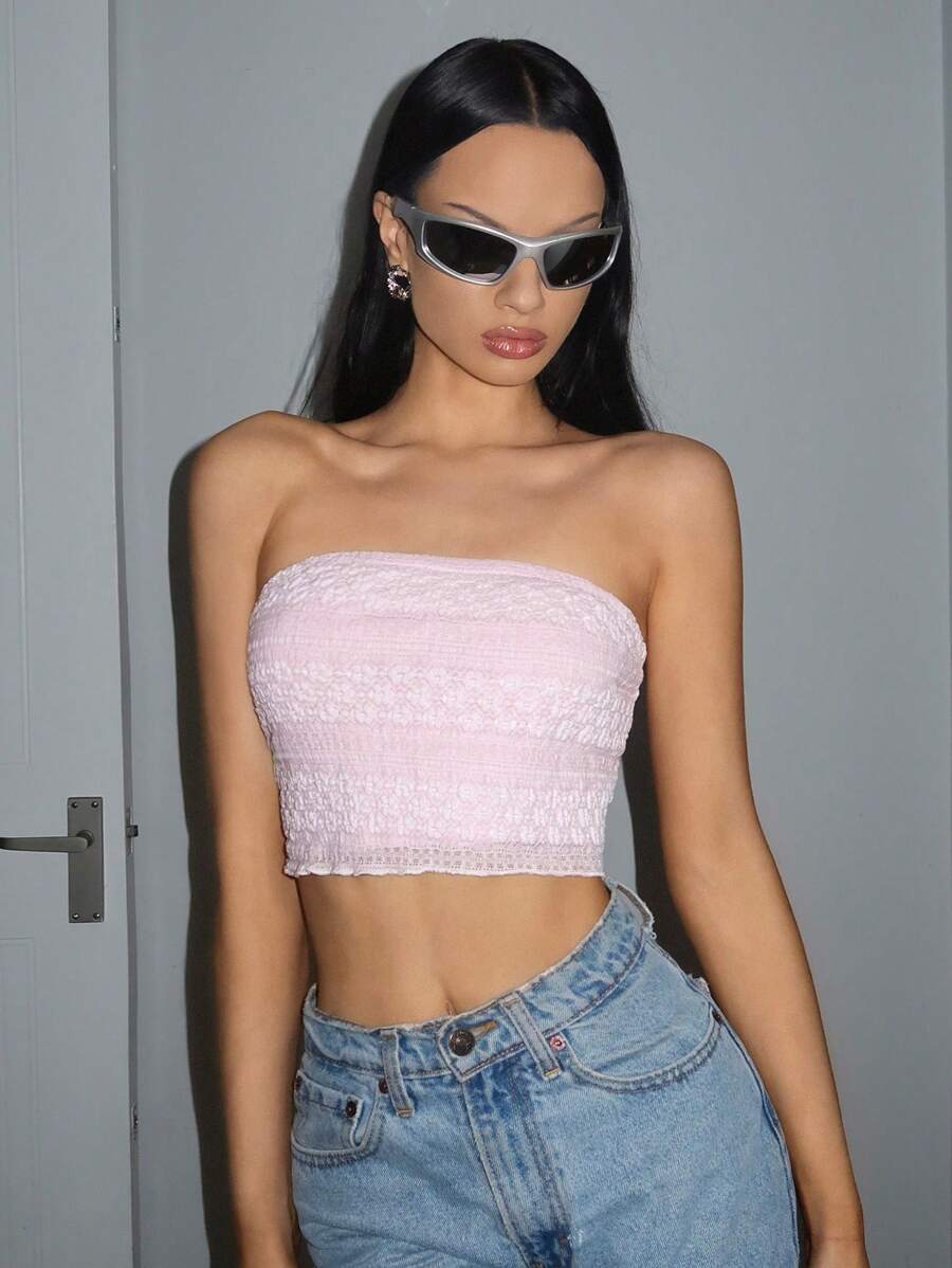 SHEIN Unity Solid Pink Crop Tube Strapless Top For Summer - Multicolor - View 1