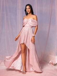 SHEIN Belle Vải satin jacquard màu hồng lãng mạn và thanh lịch, hở vai, ngực nhún, tay áo nhún hình bướm, viền bất đối xứng phía trước ngắn và phía sau dài, thích hợp cho sự kiện đám cưới, váy phù dâu trang trọng - Hồng - Xem 6