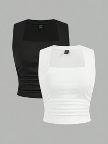 SHEIN EZwear 2 chiếc áo thun nữ đơn giản thường ngày có đệm ngực Xuân/Hè Áo ba lỗ cơ bản - trắng - Xem 3