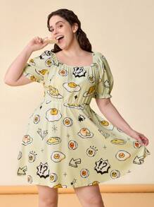 Gudetama X SHEIN Niedliches Cartoon-Ei-Muster Puff-Ärmel Sommerkleid in Große Größen