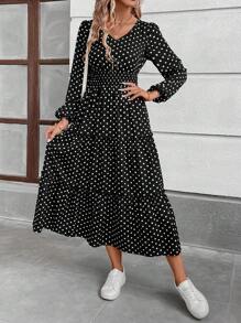 SHEIN LUNE Vestido de vuelo con estampado de lunares blanco y negro de manga larga, cintura extra larga y a la moda para el otoño - Blanco y Negro - Ver 4