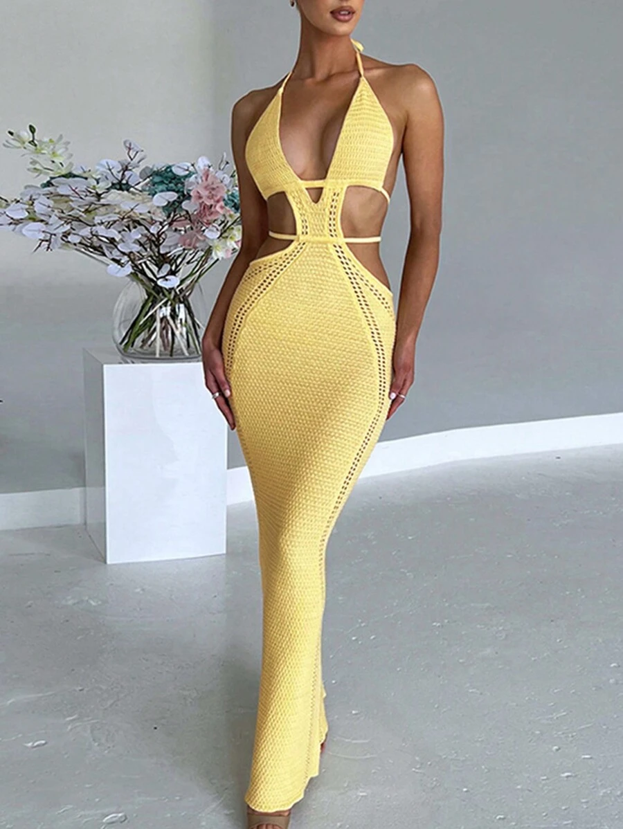 Women's Sexy Hollow-Out Backless Wool Slip Dress, Suitable For Party, Vacation, Beach, Spring/Summer - Yellow - View 1