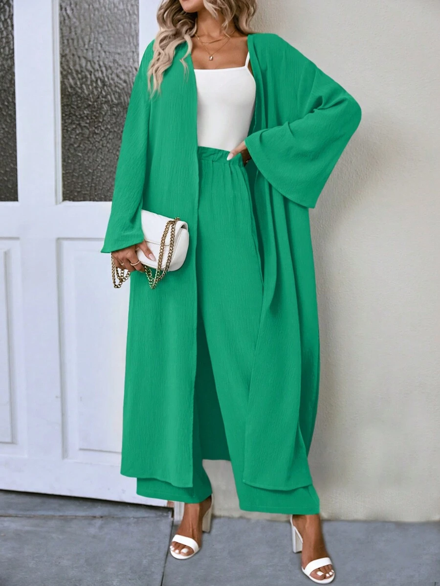 SHEIN LUNE Trumpet Sleeve Open Front Coat & Wide Leg Pants - Cadet Blue - View 1