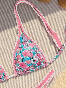Swim Mod Set Bikini Pantai Musim Panas Wanita Motif Bunga dengan Hiasan Bunga dan Cetakan Seksi, Motif Acak - MultiWarna - View 4