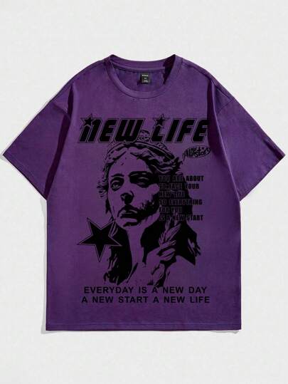 Street Life Men Figure & Slogan Graphic Tee For Summer, School