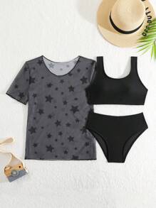 Tween Girl 3pcs Bikini Set, Random Print Summer Beach - Black - View 1