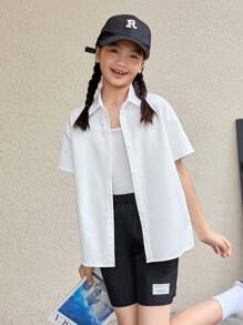 SHEIN White Casual Loose Fit Back Print Turn-Down Collar Shirt And Black Loose Fit Casual Weave Tagged Shorts Set, For Tween Girls
