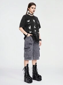 ROMWE Grunge Punk 復古洗水雪花布有趣貓印花女式寬鬆T恤 - 黑色 - 查看 7