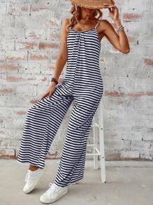 SHEIN LUNE 夏季女士褶邊領，條紋和花卉印花，舒適，休閒，假日，側口袋，無袖連身褲 - 彩色 - 查看 1