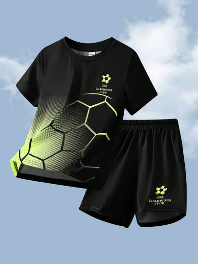 SHEIN 男孩休閒足球印花圓領短袖T恤和短褲運動套裝