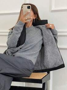 DAZY 冬季撞色饰边纽扣前部加厚外套，冬季女装，加厚外套女式夹克背心 - 黑色 - 查看 3