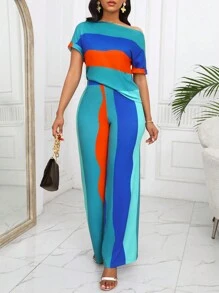 SHEIN Lady Maglioni eleganti a maniche a campana con collo rotondo in misto lana, a righe bianche e nere, taglie comode per l'autunno e l'inverno - Multicolore - Visualizzare 5