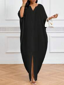 SHEIN Lady Váy tay ngắn cỡ lớn dành cho nữ, váy xếp ly rộng rãi thích hợp cho các lễ hội, sự kiện cưới hỏi và đi biển; váy dài dành cho phụ nữ cao giúp tôn dáng. - màu đen - Xem 3