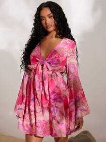 Opulessa 女式性感優雅海灘假期印花裙，配有蝴蝶結後背和超長喇叭袖