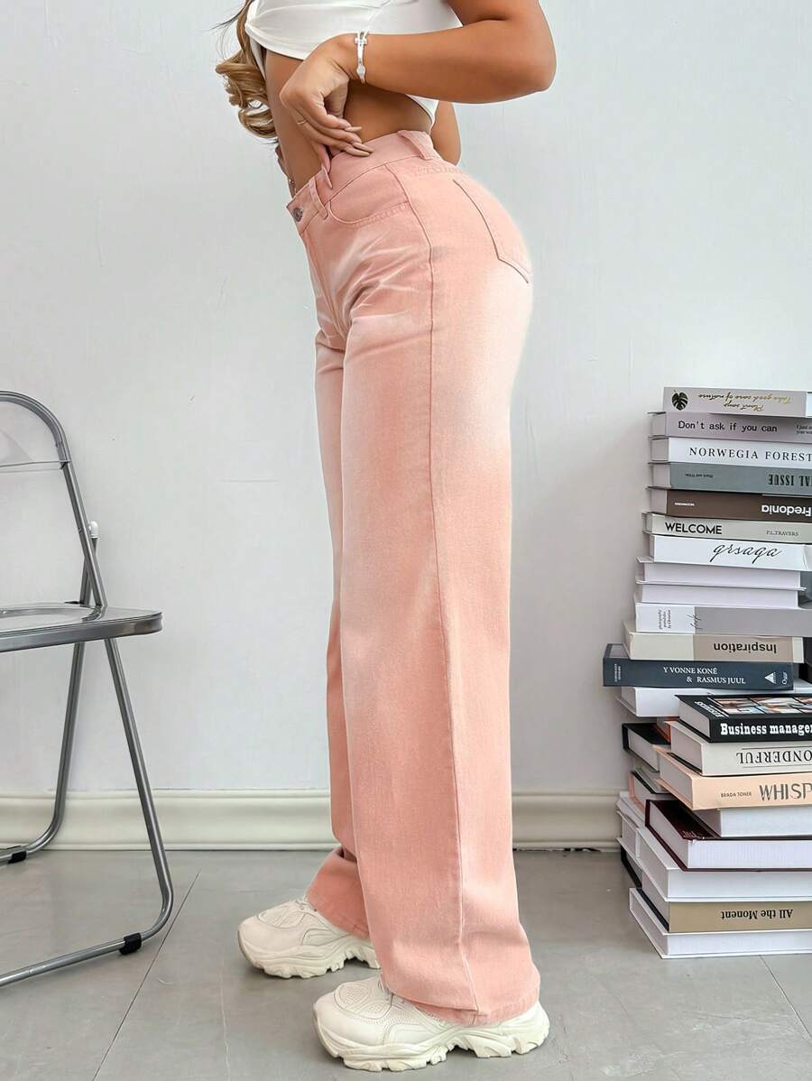 SHEIN SXY Women's Casual Straight-Leg Jeans With Pockets - Baby Pink - View 1