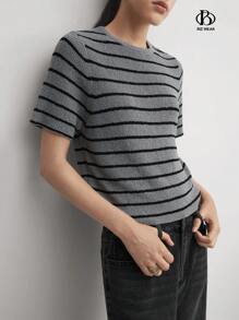 Women's Knitted Short Sleeve Top, Apricot & Black Stripes Business Casual Women