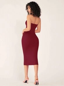 SHEIN BASICS 女士無肩帶修身紧身晚宴裙 - 紅色 - 查看 2