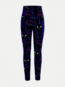 SHEIN Tween Girl's Tight Casual Fluorescent Cute Cat Printed Crossed-Waist Leggings - Black - View 6