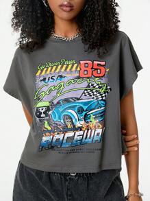 SHEIN EZwear Y2K Vintage Autoprint Kurz Crop Top, Ego Driven Person USA 85 HOLEN SIE SICH DEN RUHM - Grau - Übersicht 1