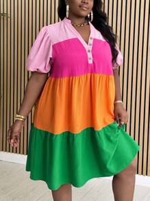 Slaydiva Sweet Casual Plus Size Women's Patchwork A-Line Puff Sleeve Doll Dress - Multicolor - View 5