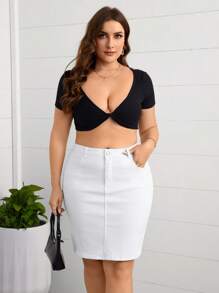 SHEIN Essnce تنورة جينز بلون سادة لامعة ذات مقاس كبير للصيف والاوقات العادية - أبيض - مشاهدة 3