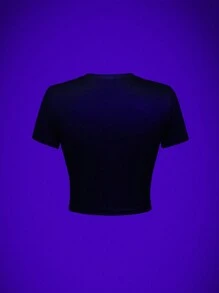 SHEIN Unity 黑色螢光菇紋短袖T恤，緊身合身版型，圓領設計 - 黑色 - 查看 2