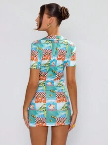 MUSERA Printed Collared Mini Dress Fitted, Summer, Holiday Outfit - Multicolor - View 2