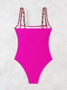 SHEIN Swim 豹紋褶皺設計的夏季海灘單件泳衣 - 玫紅色 - 查看 6