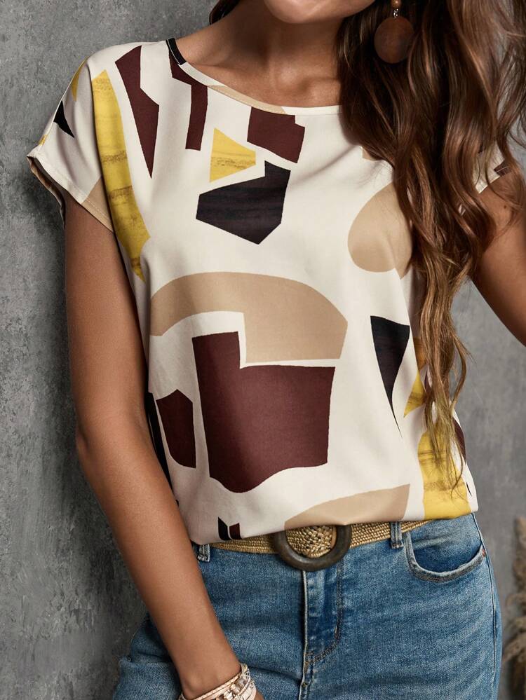 Chemise casual à manches courtes pour femme avec imprimé géométrique, col rond et manches chauve-souris, hauts à manches courtes