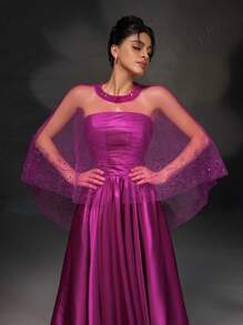 New Lace Open-Front Cape Dress Set In Elegant Rose Red - Hot Pink - View 6