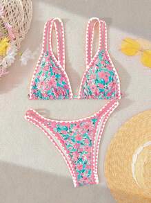 Swim Mod Set Bikini Pantai Musim Panas Wanita Motif Bunga dengan Hiasan Bunga dan Cetakan Seksi, Motif Acak - MultiWarna - View 1
