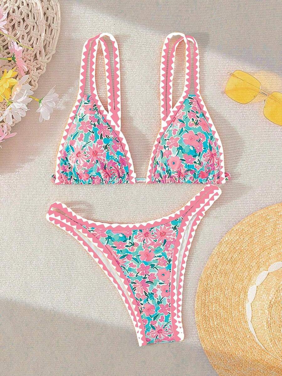 Swim Mod Set Bikini Pantai Musim Panas Wanita Motif Bunga dengan Hiasan Bunga dan Cetakan Seksi, Motif Acak - MultiWarna - View 1