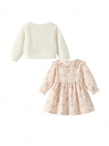 SHEIN Playful Pals 2pcs Baby Girls Spring/Autumn Vintage Floral Dress & Knit Cardigan Set - Multicolor - View 2